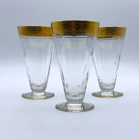 Vintage 40s Tiffin Franciscan Crystal Minton Gilt Etched Footed Drinking Glasses - Picture 12 of 13